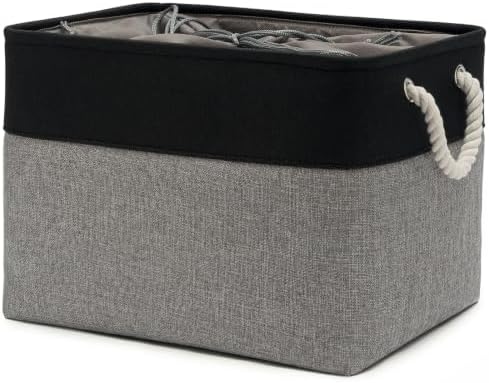 16x12x12 In Foldable Fabric Large Storage Bins with Handle 1 Pack | Storage Basket with Draw String Top, Sturdy Metal Strand, Cardboard Support Molding, for Shelf, Closet, Bedroom, Black/Gray