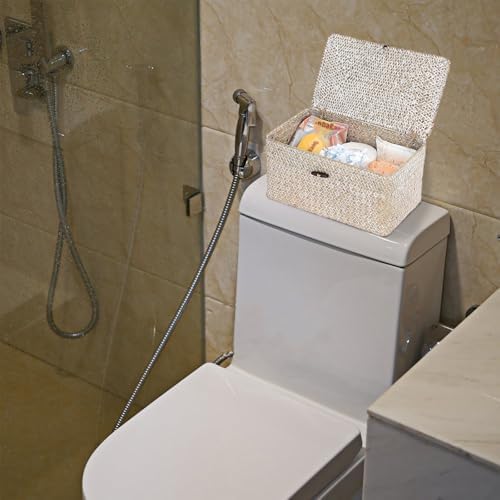 Sumnacon Wicker Basket with Lid,Tampon Holder for Bathroom,Whitewash,Medium | Natural Seagrass Female Product Organizer for Toiletries Pad Tampon Storage,Farmhouse Woven Baskets for Shelf, Toilet Tank