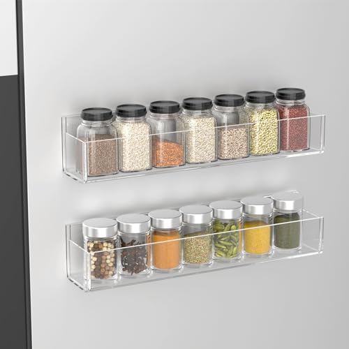 PMMASTO Adhesive Acrylic Spice Rack Organizer for Wall with Nano Double Sided Tape, Spice Shelf Organization for Kitchen Cabinet Door/Pantry Door, Wall Mount Seasoning Rack (Clear-2 Pack) | Acrylic Spice Rack Uses Double-Sided Adhesive Tape for Wall, C...
