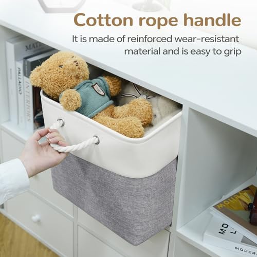 13x13 Inch Foldable Fabric Cube Storage Bins with Handles 6 Pack | Sturdy Metal Strand, Cardboard Support Molding, Storage Basket, Cube Storage Bin for Shelves, Closet, Bedroom, White/Gray