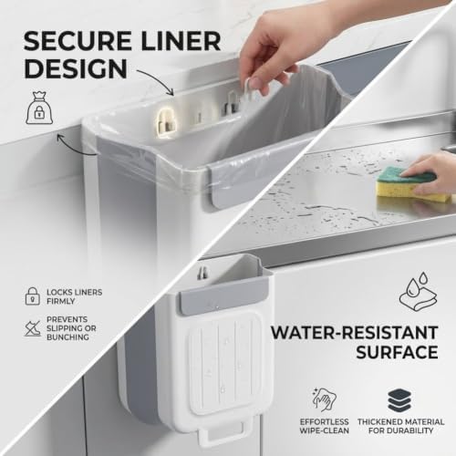 Foldable Kitchen Trash Can, Hanging Collapsible Trash Can，L,Grey | Multipurpose Wall-Mounted Folding Waste Bin, Space-Saving Expandable Garbage Basket Hangs on Cabinet Door for Food Prep Peels