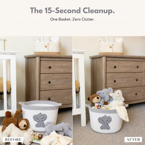 Elephant Baby Storage Basket, Woven Cotton Rope Nursery Bin, 15x11 in | Stuffed Animal and Blanket Storage, Soft Felt Elephant Patch, Neutral Baby Room Decor, Baby Shower, Kids Playroom Organizer