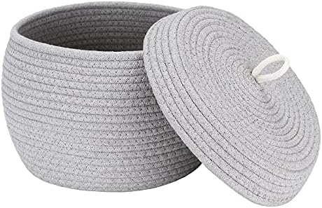 Sea Team Round Woven Cotton Rope Storage Basket with Lid, Gray | Lidded Knitted Decorative Storage Bin, Pot, Caddy, Organizer, Container for Snacks, Towels, Plants, 10 x 7.5 Inches