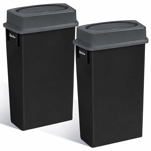 PLASTIC PRINCE 23 Gallon Slim Trash Can with Swing Lid Commercial Rectangular Garbage Can with Drop Shot Lid Waste Bin with Double Flip Top for Restaurant Home Kitchen Office, Black/Gray 2 Pack
