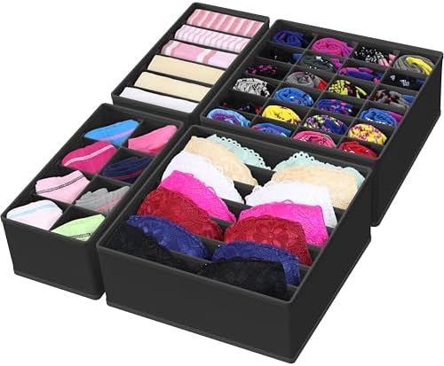 Simple Houseware 4-Pack Drawer Organizer Set for Underwear/Socks/Bra, Black | Closet Dividers for Underwear, Socks, Bras, Scarves, Ties - Foldable Non-Woven Storage Boxes