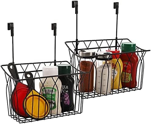 TOPZEA 2 Pack Grid Storage Baskets with Hooks, Metal Hanging Wire Basket Kitchen Over the Cabinet Door Organizer Caddy for Cutting Board, Kitchen Wrap, Foil, Cleaning Supplies, Bakeware, Towel