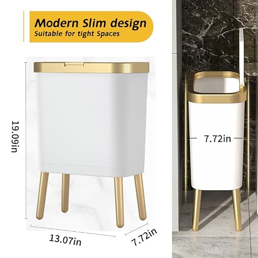 Procade 4 Gallon Bathroom Trash Can with Lid,Slim White and Gold Trash Bin | Bedroom Garbage can with Legs,Plastic Dog Proof Wastebaskets, Room Decor Bin for Kitchen,Office,Dorm,Laundry,Restroom,Rv