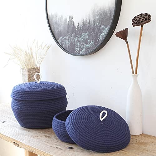 Sea Team Round Woven Cotton Rope Storage Basket with Lid, Navy | Lidded Knitted Decorative Storage Bin, Pot, Caddy, Organizer, Container for Snacks, Towels, Plants, 13 x 9 Inches