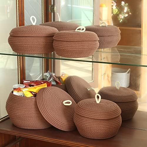 Sea Team Round Woven Cotton Rope Storage Basket with Lid, Brown | Lidded Knitted Decorative Storage Bin, Pot, Caddy, Organizer, Container for Snacks, Towels, Plants, 13 x 9 Inches