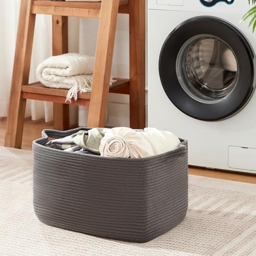 OIASKET Large Toy Basket, Rectangle Woven Rope Storage Basket for Blankets, Dirty Clothes, Shoes, Nursery Organizer Bins (Dark Grey)