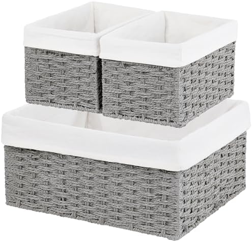 Vagusicc Wicker Basket, Set of 3 Hand-woven Storage Baskets for Organizing, Decorative Rectangle Wicker Storage Basket Bins with Handles, Small Toilet Paper Storage Baskets for Shelves & Decor, Grey