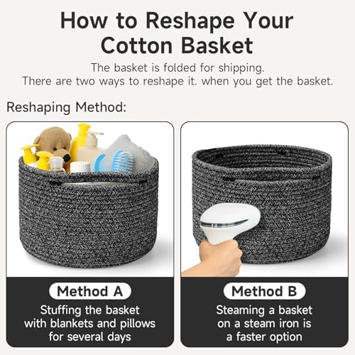 3 Pack Small Rope Storage Baskets, 9.82×9.82×7.1", Black | Cotton Basket for Gifts Empty, Cute Round Woven Basket, Decorative Shelf Basket Organizer, Organizing Basket for Shelves