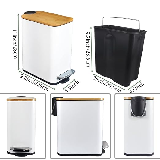 SIDIANBAN Bathroom Trash Can with Bamboo Lid Soft Close and Foot Pedal, Small Rectangular Slim Garbage Can with Inner Wastebasket for Bedroom, Office, Kitchen, 1.3Gal/5L, White | Small Rectangular Slim Garbage Can with Inner Wastebasket for Bedroom, Of...