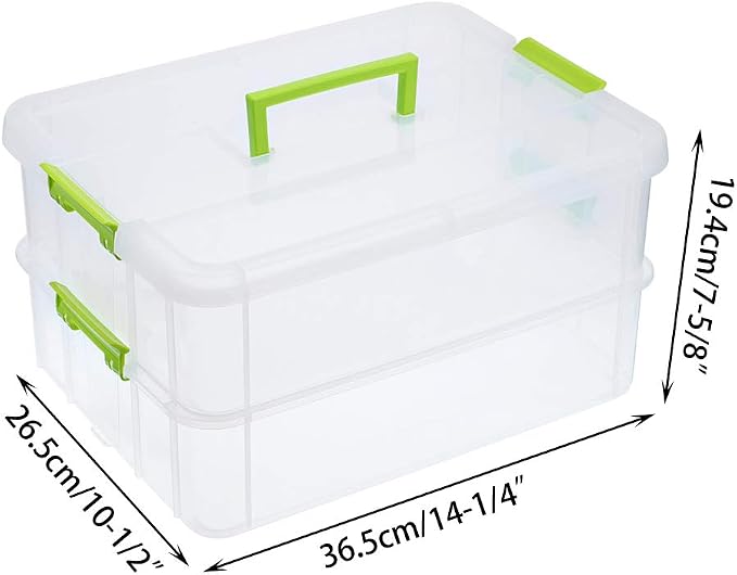 BTSKY 2 Layer Stack & Carry Box, Plastic Multipurpose Portable Storage Container Box Handled Organizer Storage Box for Organizing Stationery, Sewing, Art Craft, Jewelry and Beauty Supplies Green | Multipurpose Craft Organizers and Storage for Organizin...