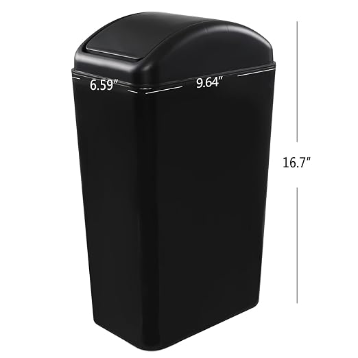 Plastic Trash Bin with Lid, Slim Trash Can, 3.5 Gallon, Black | Slim Garage Can with Swing Top Lid, 12 L Capacity, for Bedroom, Restroom, Bathroom