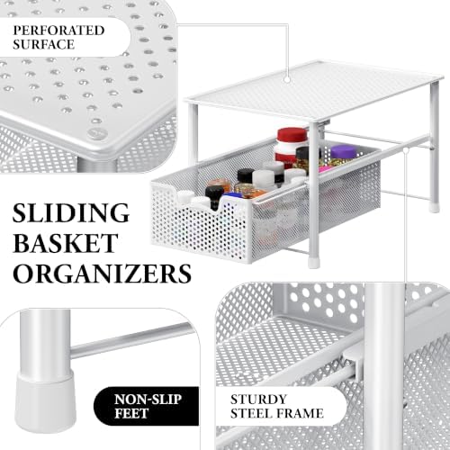 Simple Houseware Stackable Under Sink Sliding Basket Drawer, White | Perforated Free Standing Organizer, Kitchen/Pantry/Cabinet/Counter