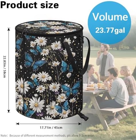 doginthehole Daisy Butterfly Moon Portable Trash Can Large Foldable Big Camping Can with Lid Storage Bag Pop Up Trash Cans for Parties, 22.83x17.71 in