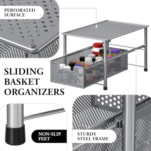 Simple Houseware Stackable Under Sink Sliding Basket Drawer, Silver | Perforated Free Standing Organizer, Kitchen/Pantry/Cabinet/Counter