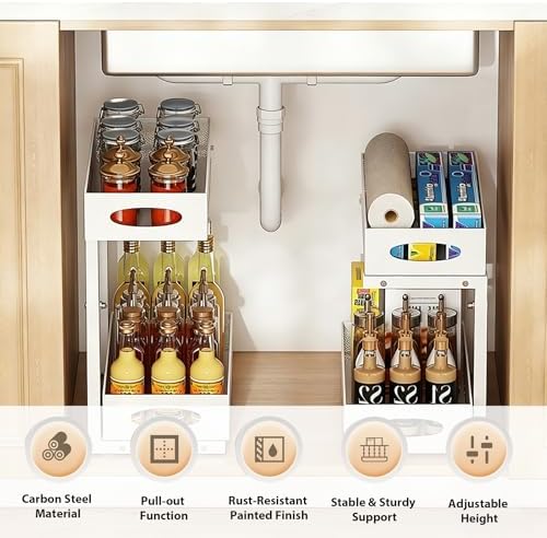 2 Pack Under Sink Organizer, 2-Tier Pull Out Kitchen Cabinet Organizer, Height Adjustable Metal Slide Out Bathroom Organizers and Storage Makeup Drawer Organizer for Office Bedroom(A-White, 2Pack)