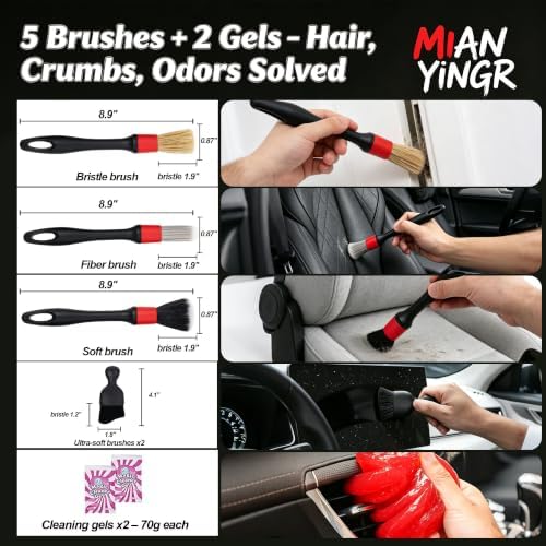 Windshield Cleaner Tool, 17Pcs Red Car Interior Detailing Kit | Stay in Seat, Inside & Out Streak-Free Clean, Extendable Handle, Cleaning Gels & Brushes, Pet Hair