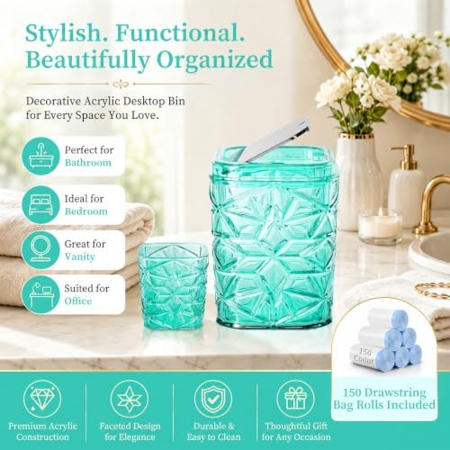 2-Piece Snowflake-Textured Acrylic Trash Can Set with 150 Drawstring Bags, 4 Gallon Sliver Press-Lid Wastebasket and Small Open-Top Desktop Bin for Bathroom, Bedroom,