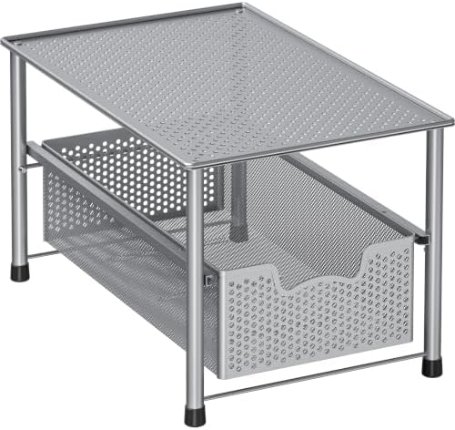 Simple Houseware Stackable Under Sink Sliding Basket Drawer, Silver | Perforated Free Standing Organizer, Kitchen/Pantry/Cabinet/Counter