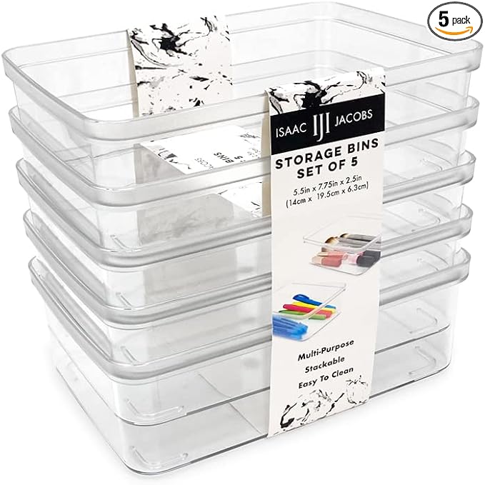 Isaac Jacobs 5-Pack Small Clear Storage Bins (5.5” L x 7.75” W x 2.5” H) | Cutout Handles, Plastic Organizer for Home, Kitchen, Fridge, Desk, Bathroom, Drawers, BPA Free, Food Safe (5-Pack, Small)