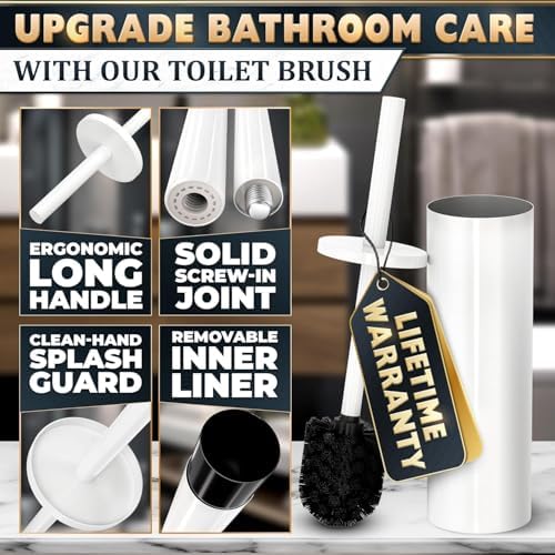 White Toilet Brush and Holder Set, Freestanding, Splash Protection | Toilet Brush with Holder Set for Bathroom Cleaning with Removable Inner Bowl, Freestanding, Waterproof, Corrosion-Resistant