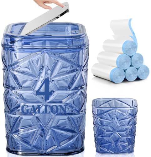 2-Piece Snowflake-Textured Acrylic Trash Can Set with 150 Drawstring Bags, 4 Gallon Sliver Press-Lid Wastebasket and Small Open-Top Desktop Bin for Bathroom, Bedroom, Office, Navy Blue