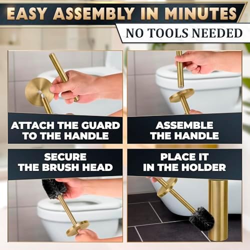 Gold Toilet Brush and Holder Set, Freestanding, Splash Protection | Stainless Steel Toilet Brush and Holder Set for Bathroom Cleaning; Dense Bristles; Removable Bowl; Detachable Long Handle