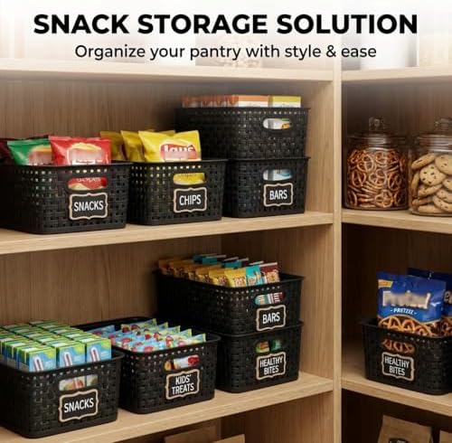 8 Pack Black Storage Baskets, Plastic Woven Organizer Baskets, Stackable Shelf Baskets for Closet, Pantry, Bathroom & Laundry Room