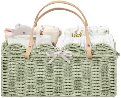 HBlife Large Baby Diaper Caddy, Paper Rope Scalloped Storage Baskets Nursery Bin with Removable Divider, Portable Car Organizer for Diapers, Baby Shower Gifts, Newborn Essentials Must Haves, Green