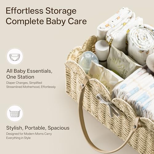HBlife Large Baby Diaper Caddy, Paper Rope Storage Baskets Nursery Bin with Removable Divider, Portable Car Organizer for Diapers, Baby Shower Gifts, Newborn Essentials Must Haves
