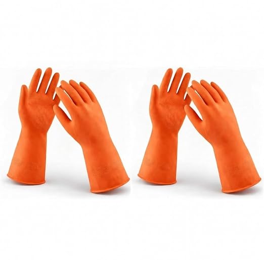 LADWA 2 Pairs Non-Slip Household Cleaning Reusable Dishwashing Gloves for Kitchen Washing Dishes Bathroom Gardening & Home Tasks Flexible Long-lasting Waterproof Gloves Perfect for Woman Men (Orange)