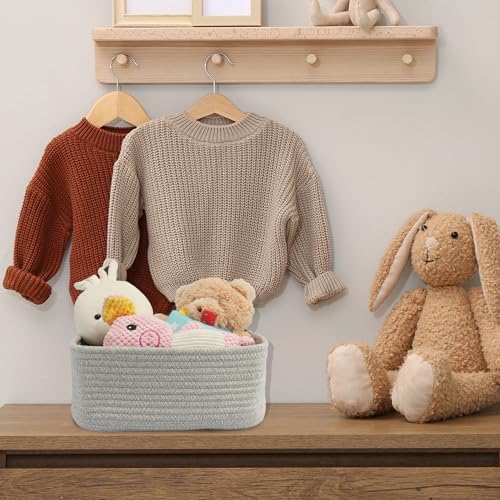 XUANGUO Small Woven Storage Baskets for Shelves, 12" x 8" x 5", Gray | Decorative rope storage bins for closets and toy storage; cute organizer baskets, empty gift baskets and nursery storage.