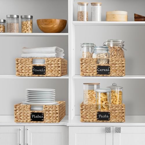Casafield Set of 4 Water Hyacinth Pantry Baskets, 12-1/2" x 17" x 5", with Chalkboard Labels and Chalk Marker - Natural, Woven Storage Bin Organizers for Kitchen Shelves