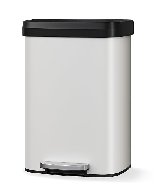 GarveeHome 13 Gal / 50 L Step-on Trash Can, Large Metal Kitchen Garbage Bin with Soft Close Lid, Rustproof Stainless Steel Trash Can, Inner Bucket Rim & Rear Handle, White