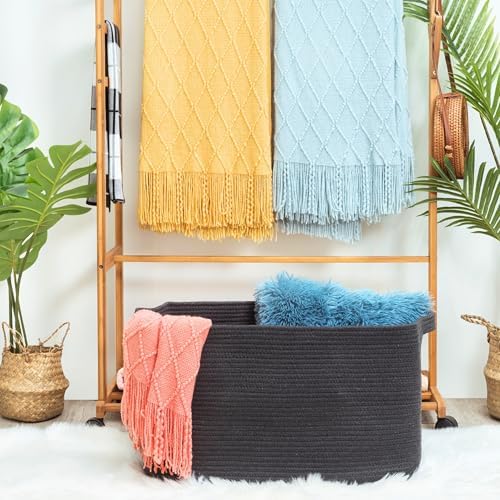 MINTWOOD Design 22in Extra Large Blanket Basket Holder Living Room, Rectangle Rope Woven Storage Basket with Handles for Laundry, Pool Towels, and Shoes, Dog Toy Organizer Bin Box, Charcoal