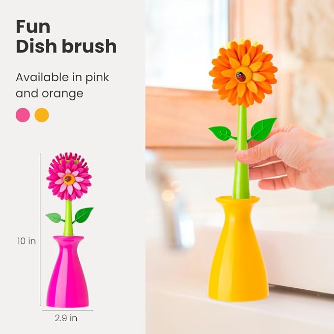 Vigar Flower Power Dish Brush with Handle and Vase Holder - Orange | Dish Scrub Brush for Dishes, Kitchen Scrub Brush, Sink Cleaning Brush, Pot Scrubber, Dishwashing Brush