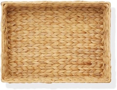Casafield Set of 4 Water Hyacinth Pantry Baskets, 12-1/2" x 17" x 5", with Chalkboard Labels and Chalk Marker - Natural, Woven Storage Bin Organizers for Kitchen Shelves