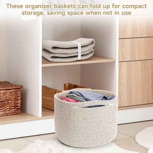 3 Pack Small Rope Storage Baskets, 9.82×9.82×7.1", Brown | Cotton Basket for Gifts Empty, Cute Round Woven Basket, Decorative Shelf Basket Organizer, Organizing Basket for Shelves