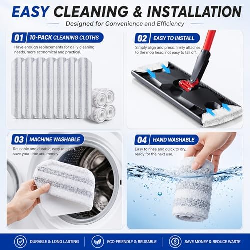10 Pack H2prO Mop Pads,Compatible with O Cedar H2prO Flat Mop System Universal Mop Pads Mop Head Refills Washable Wet Mop,Replacment for Vileda H2prO Size Mops 15.94'' x 4.33''