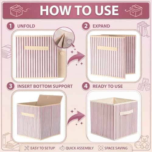 Amyhill 6 Pack Pink Striped Basics Collapsible Fabric Storage Bins | with Handles, Foldable Storage Cubes, 11 Inch, Closet Decorative Organizer, Baskets for Shelves Units, Home, Dorm