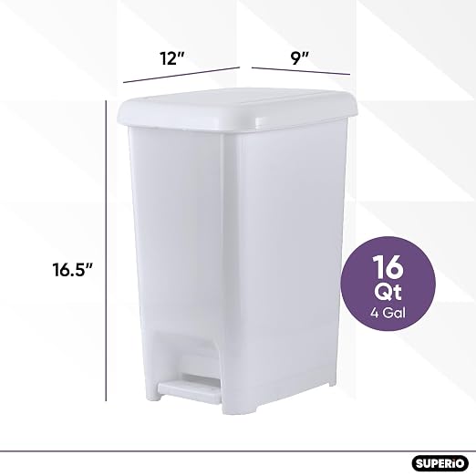 Superio Slim Step On Pedal Plastic Trash Can, Waste Bin for Under Desk, Office, Bedroom, Bathroom, Kitchen (4 gal) (White Smoke, 2 Pack)
