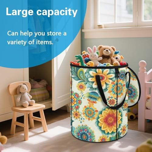 doginthehole Boho Blossoms Outdoor Trash Can with Lid Retro Floral Garbage Bins Outside Pop Up Recycle Garbage Cans Collapsible Trash Can for Camping Picnic Yard Beach, 22.83x17.71 in
