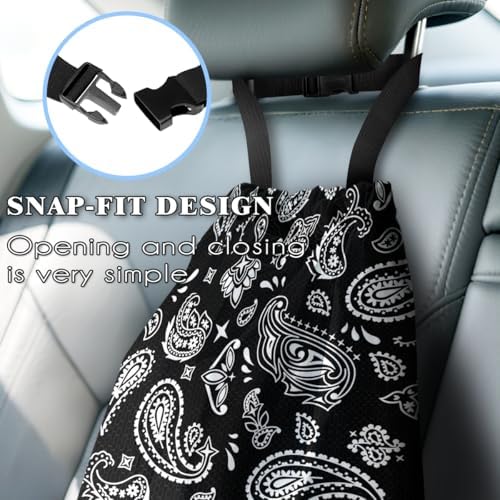 Car Trash Bag Hanging Back of Seat with Adjustable Snap Buckle Strap Cute Printed Drawstring Garbage Bags for Car-Paisley Floral Black