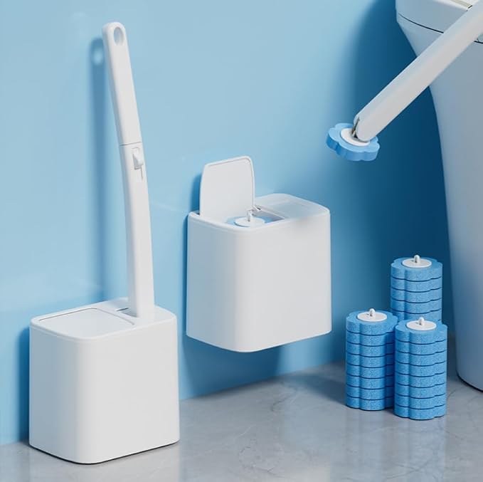 Disposable Toilet Brush with Holder, Wall Mounted Hygienic Cleaner | Auto Open Lid, Preloaded Cleaning Liquid, Sponge Brush Heads, Dust-Proof Storage, Touch-Free Access