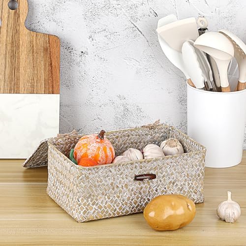 Sumnacon Wicker Basket with Lid,Tampon Holder for Bathroom,Whitewash,S | Natural Seagrass Female Product Organizer for Toiletries Pad Tampon Storage,Farmhouse Woven Baskets for Shelf, Toilet Tank