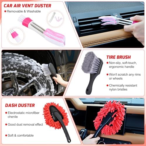 Nilight 27PCS Car Detailing Kit for Interior Exterior Car Care, Red | car wash auto cleaning Tools with storage bag, Deep Clean Polish Car Care Windshield Dashboard Seat Air Vents Wheels Tires