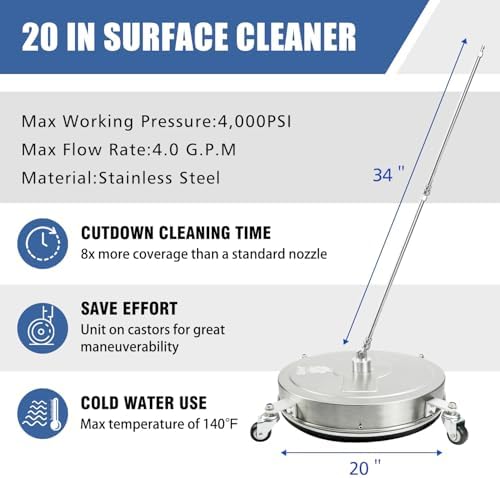 JANZ 20'' Pressure Washer Surface Cleaner | 4 Wheels, Stainless Steel Housing, 1/4'' Quick Plug, 2 Extension Wands, 2 Replacement Nozzles and 3 Spray Nozzles,4000 PSI